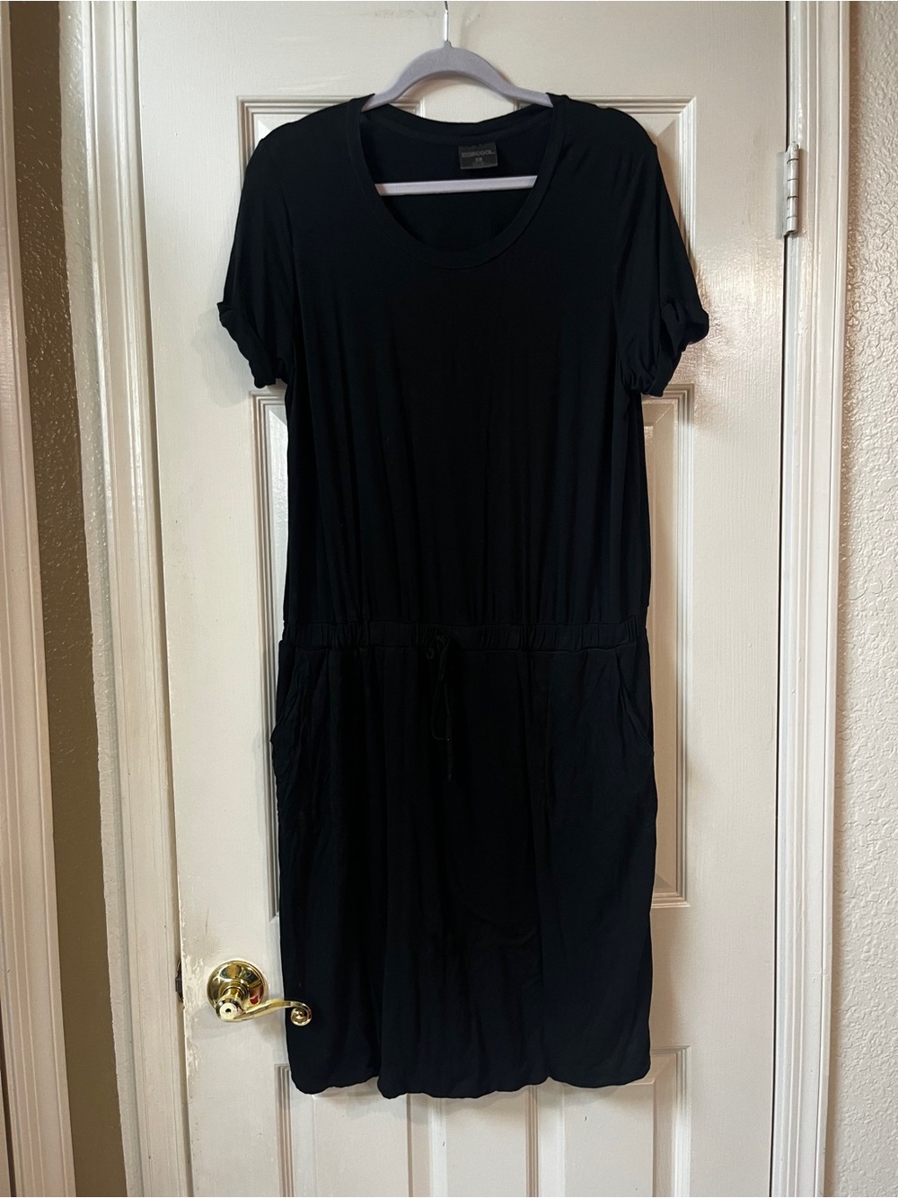 Everyday Black Short Sleeve Midi Dress with Drawstring Waist